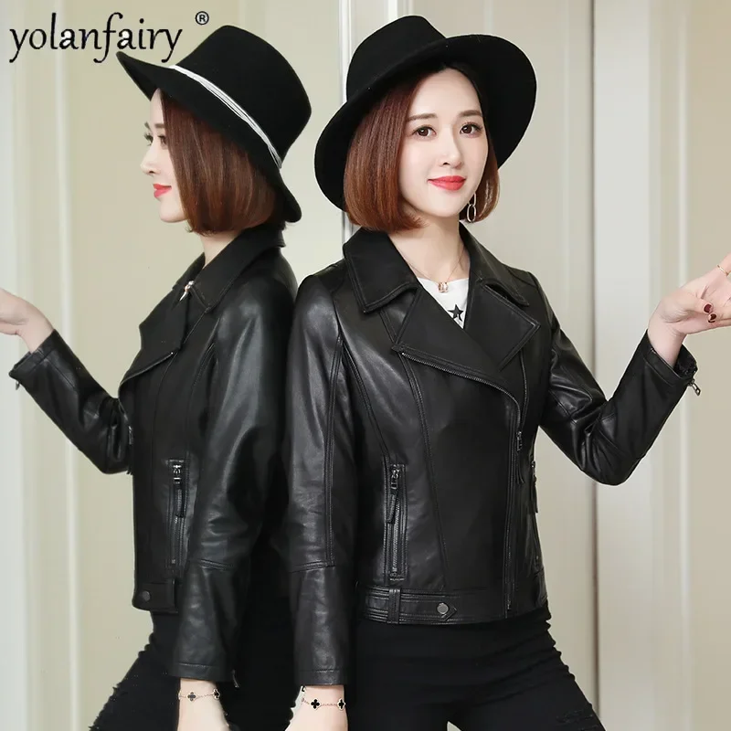 YOLANFAIRY Pure Sheepskin Coat for Women Motorcycle Short Leather Jacket Female Clothiong Single Slim Genuine Leather Clothes FC