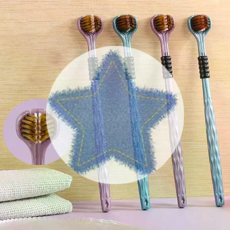 (HS) فرشاة أسنان ستيريو ثلاثية الأبعاد ثلاثية الجوانب، فرشاة أسنان ناعمة للغاية للكبار، مكشطة لسان للعناية بالفم 360 درجة °   تنظيف فرشاة الأسنان.