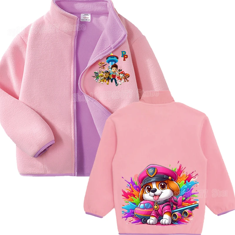 Cute PAW patorl kids jacket with cartoon Skye Marshall stand up collar zipper coat spring autumn fleece warm outdoor clothing