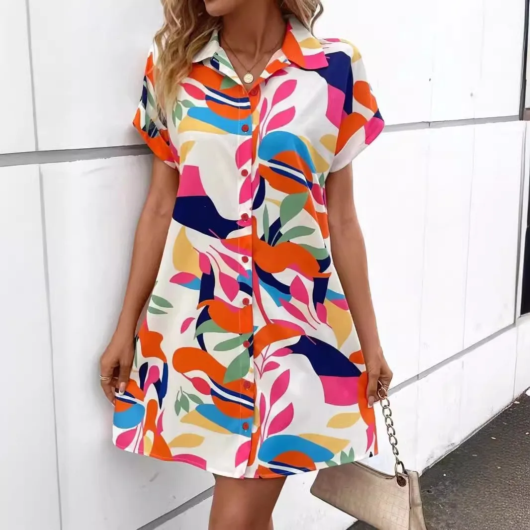 Summer Woman Shirt Dress Floral Print Midi Dress Open Front Collar Button Down Dress Short Sleeve High Waist Shirt Dress