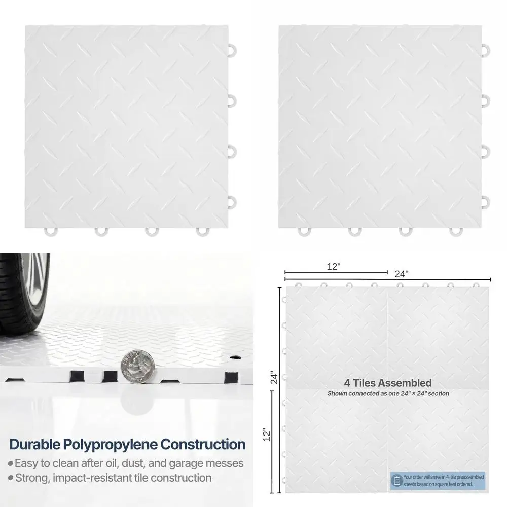 

Напольные плитки для гаража 12x12 дюймов, усиленные, с ромбовидным узором, из полипропилена, нескользящие, белые, 24 плитки, 24 кв. фута