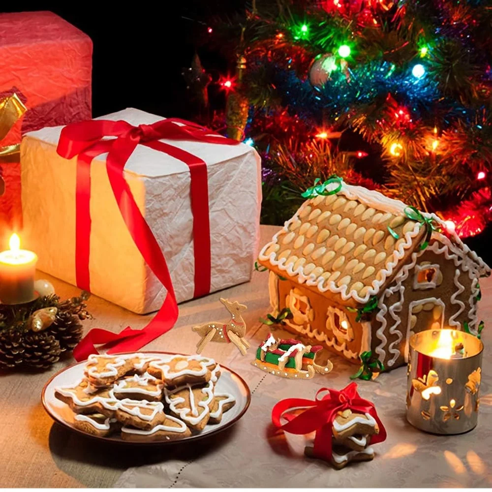 10pcs Gingerbread House Cookie Cutter Set Stainless Steel 3D Christmas House Fondant Biscuit Chocolate Mould Baking Accessories
