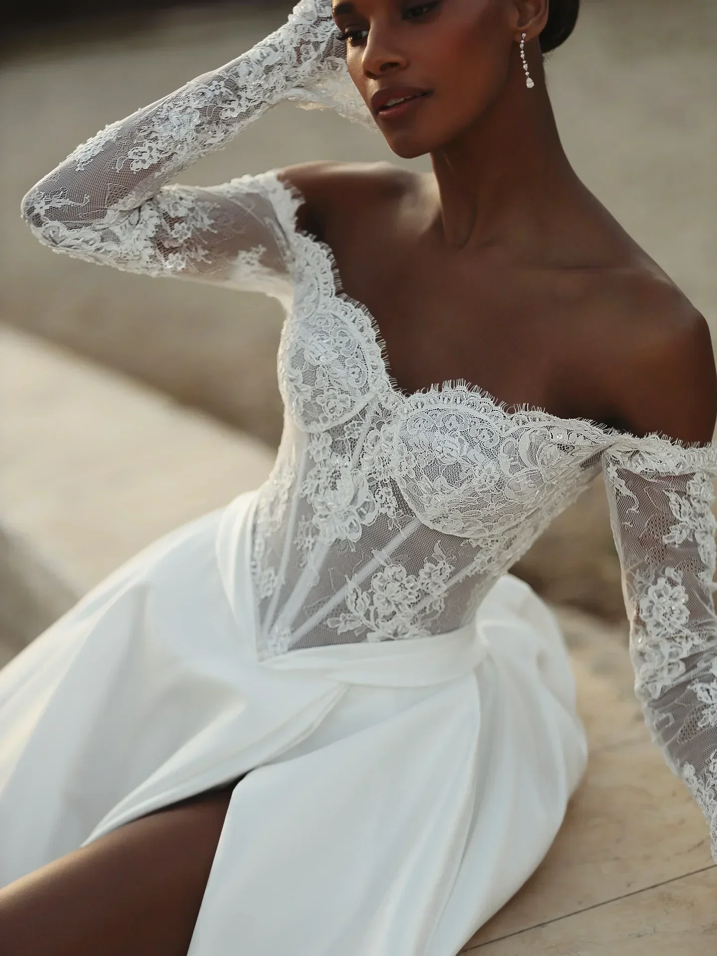 Элегантное кружевное свадебное платье с открытыми плечами, атласное бальное платье для невесты, платья с длинными рукавами, Vestidos De Novia по индивидуальному заказу