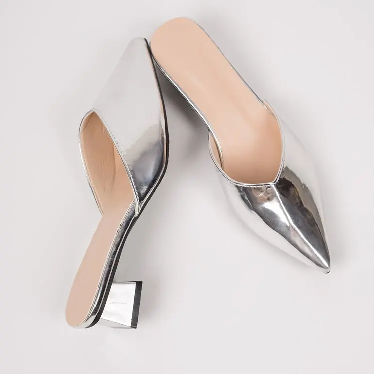 Spitze Damen-Mules, Modische Gold- und Silber-Sandalen, Elegante Kleider-Sandalen mit Quadratischem Niedrigem Absatz, Slip-On Schuhe für Damen – Detail 15