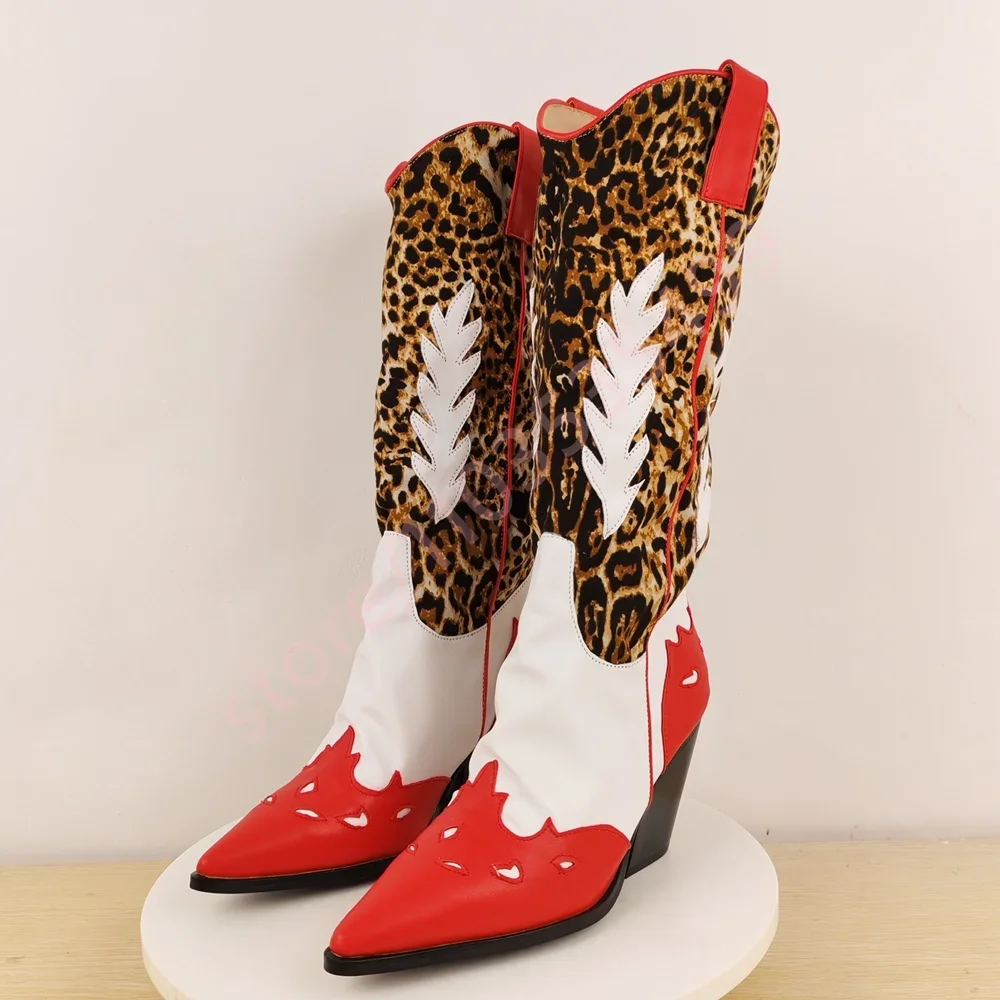 

2025 острые рыцарские сапоги с леопардовым принтом в стиле ретро, разноцветные рыцарские сапоги, осенние длинные ботинки на толстом каблуке, уличные повседневные женские ковбойские сапоги в стиле вестерн