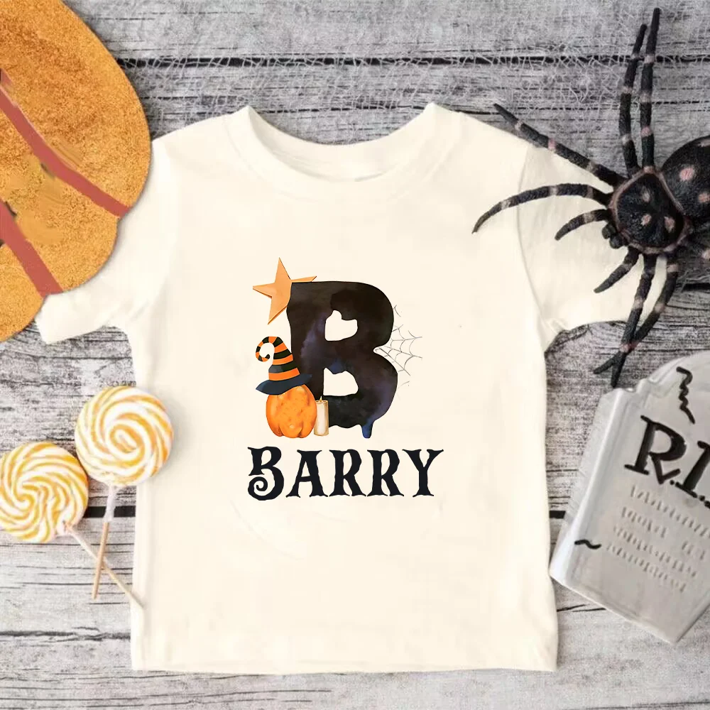 Personalized Halloween Name Shirt Custom Halloween Boys Girls Halloween Shirts Toddler Initials Names Pumpkin Retro T-Shirts