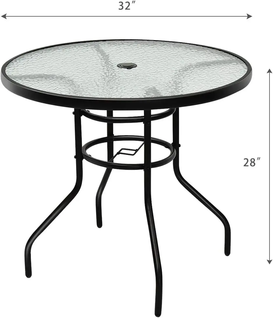 Tangkula Round Outdoor Table with Tempered Glass Top, Patio Dining Table with Umbrella Hole & Metal Frame, Outside Bistro Table for Backyard, Lawn, Deck & Poolside