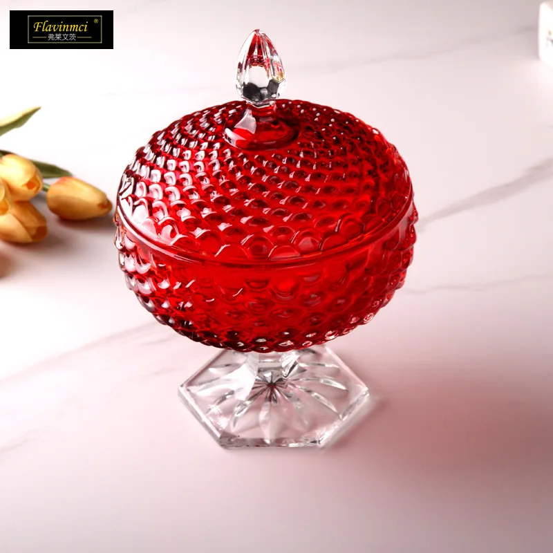 Crystal Glass Red Candy Box Household Large Capacity Dried Fruit Storage Tank Storage Jar Creative Cute Sugar Bowl with Lid