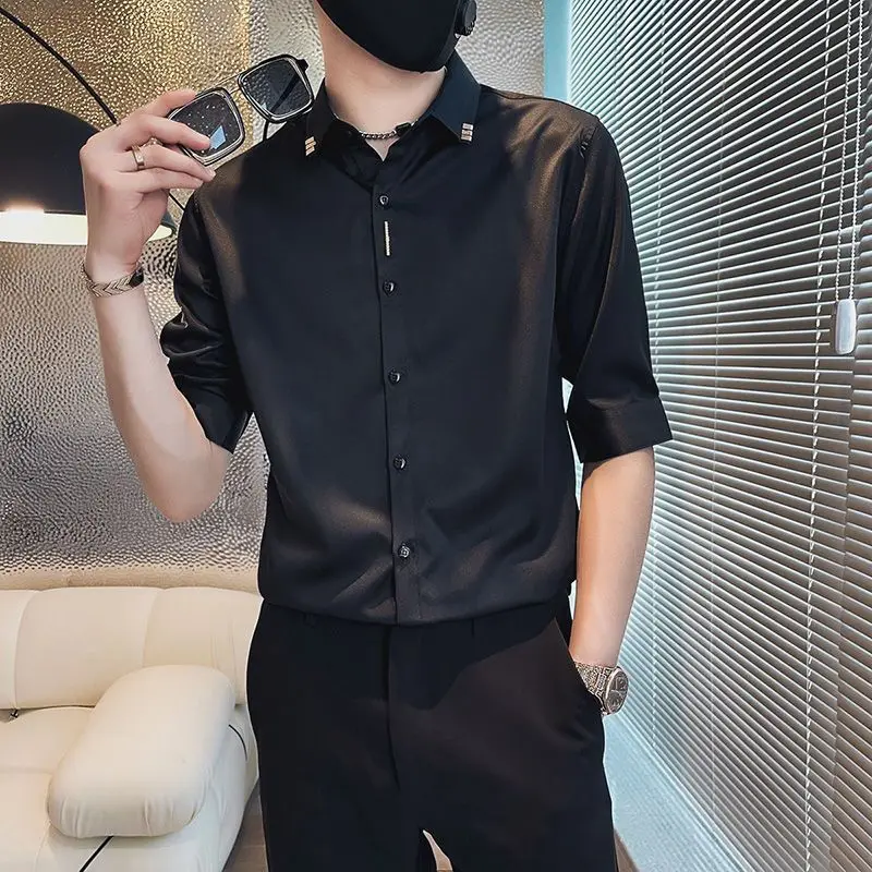 High-end Ice Silk Short-sleeved Shirt Men's Trendy Casual Mid-sleeved Summer Men's Clothes Without Ironing Shirt