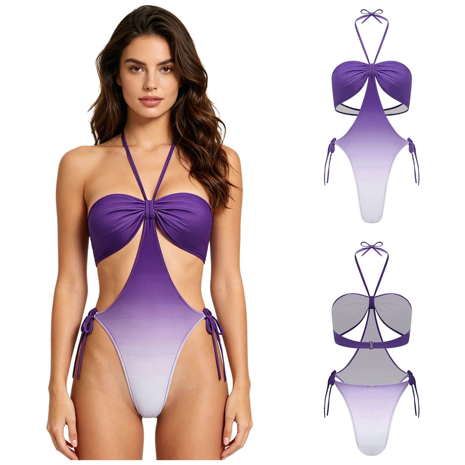 

Womens Gradient One Piece Bathing Suit with Chest Pads Halter Backless Swimwear Bodysuit for Ocean Surf Beach Tanning Swim Wear