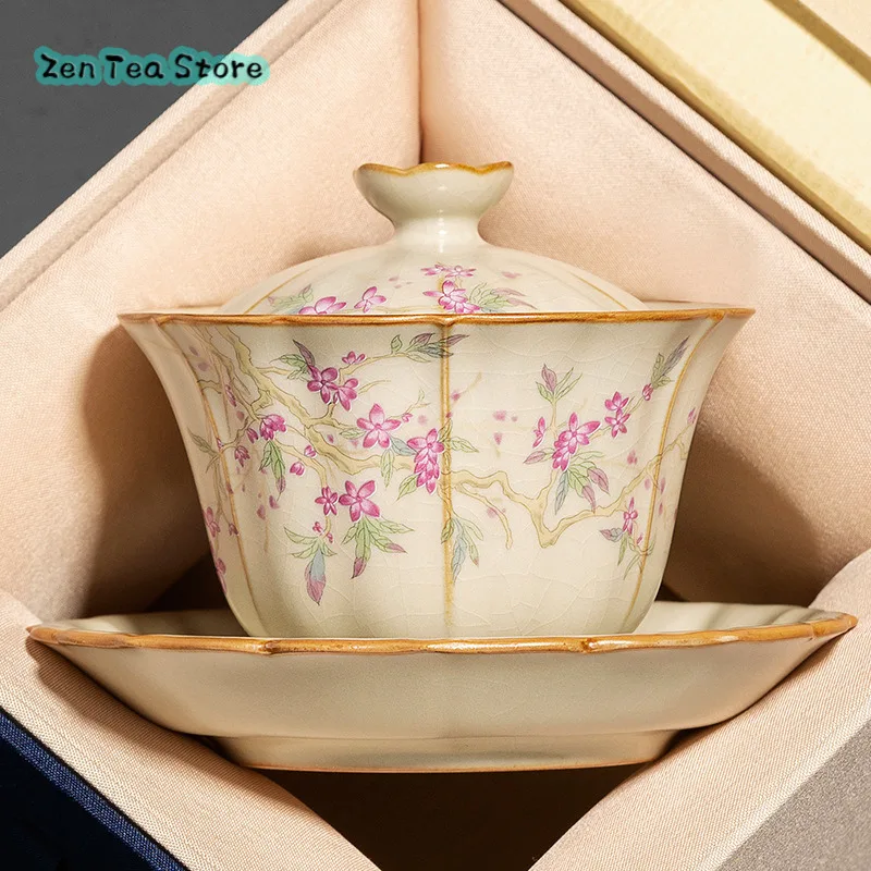 

Beige Ru Kiln Cover Bowl A Single High-end Tea Cup Household Tea Bowl Ceramic Non-hot Cover Bowl Tea Kung Fu Tea Set