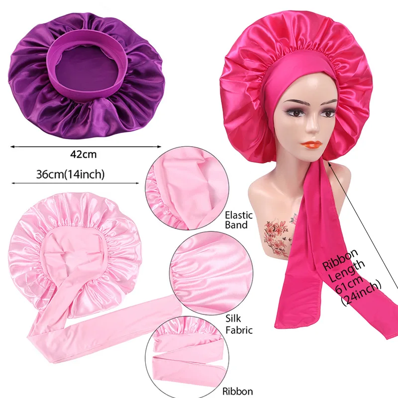 Personalizar Cetim Bonnet com Logo, Jumbo Silk Hair, Bonnet para dormir, Stretchy Tie Band, Long Curly Braid Hair, 10pcs