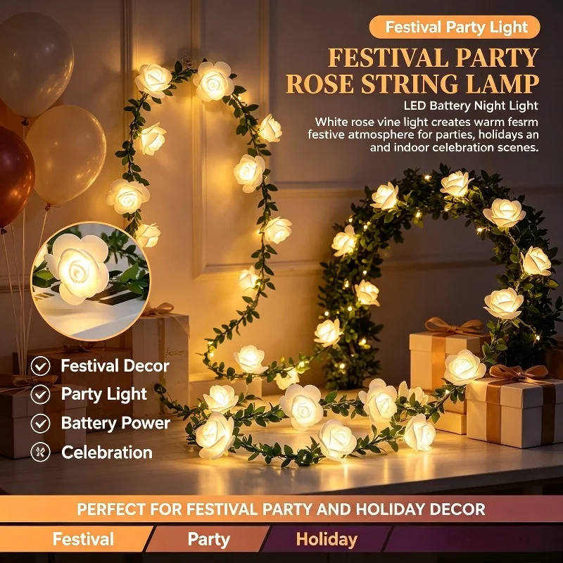 White Rose LED String Lamp Battery Powered Night Light Green Vine Wreath Wedding Festival Party Bedroom Decoration Atmosphere