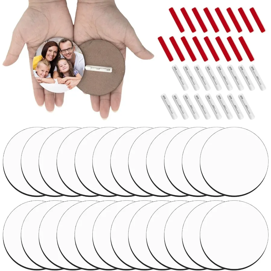 

ZYNERY, 32 упаковки сублимационных пуговиц, заготовки с булавками, 3-дюймовые кнопки, кнопки из МДФ, булавки, сублимационные именные бирки для Рождества Ea