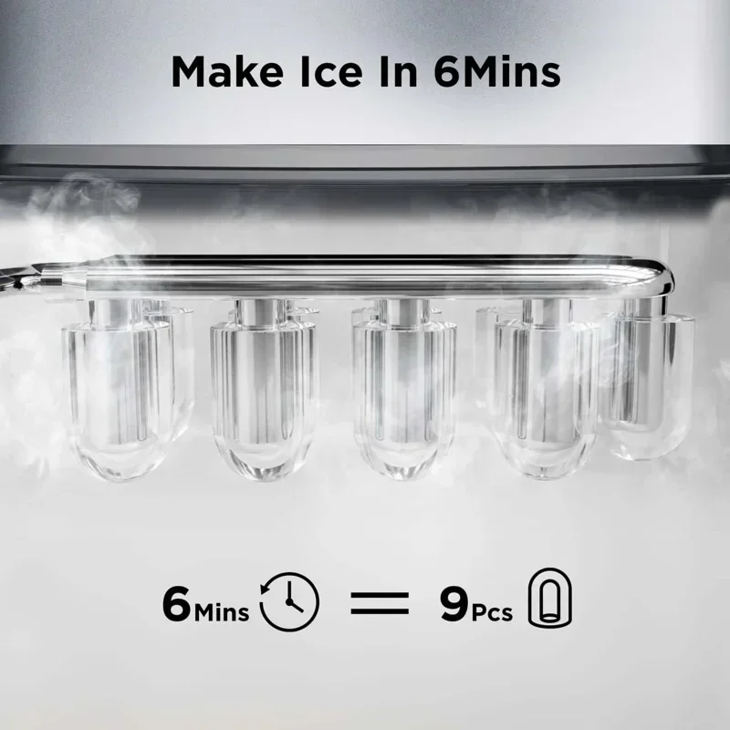 Encimera para hacer hielo QWSilonn, 9 cubos listos en 6 minutos, máquina de hielo autolimpiante de 26 libras en 24 horas con cuchara para hielo y cesta plateada