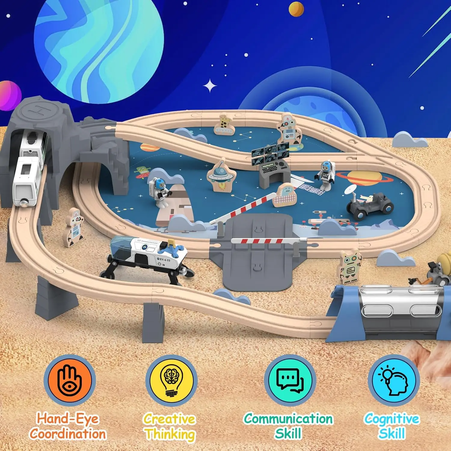 Ensemble de train en bois pour tout-petits, train magnétique avec rail pour enfants de 3 à 6 ans, compatible avec les grandes marques, chemin de fer spatial, 82 pièces