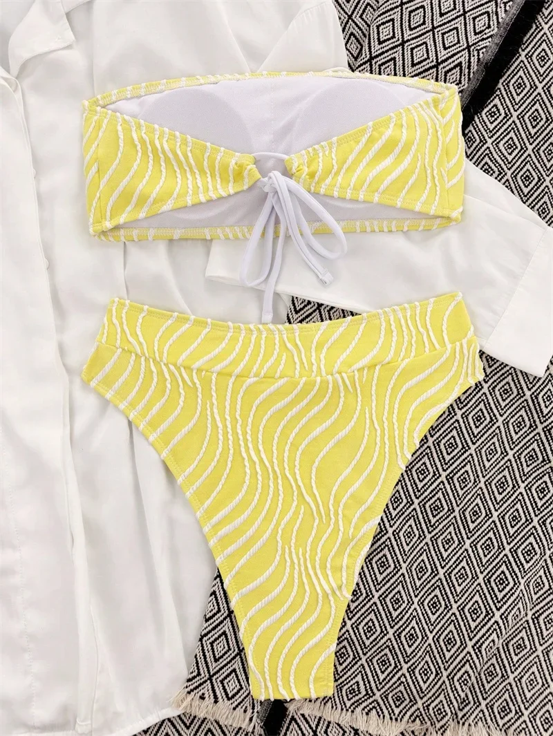 Para Praia 8 kolorów Seksowne bikini bez ramiączek Bandeau 2024 Strój kąpielowy z nadrukiem fal Strój kąpielowy damski Push Up Strój kąpielowy z wysoką talią