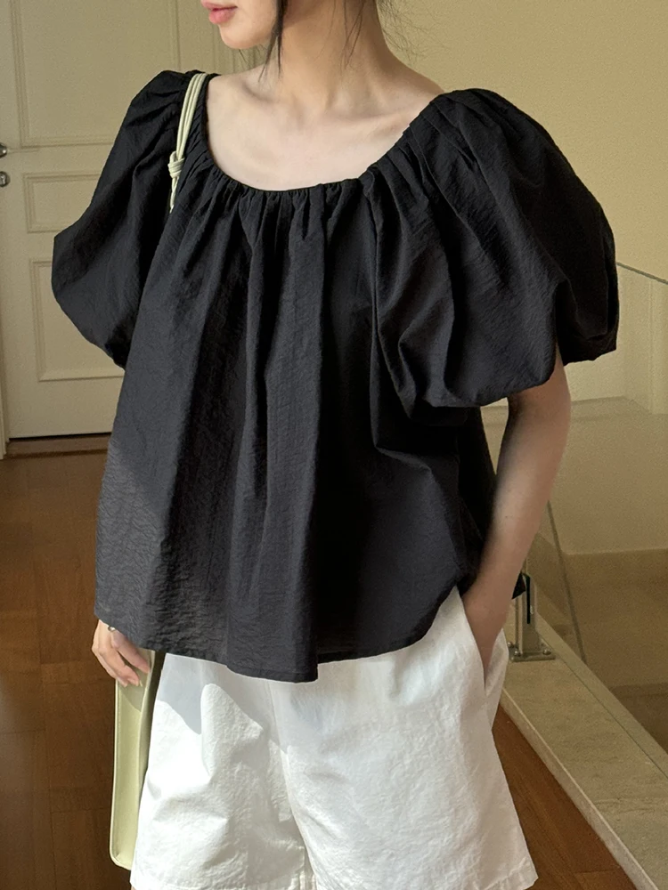 [LANMREM] Puff Sleeve Design Pullover Shirts For Women Round Neck Backless Loose Short Blouses 2024 Summer New Tops 26D9261