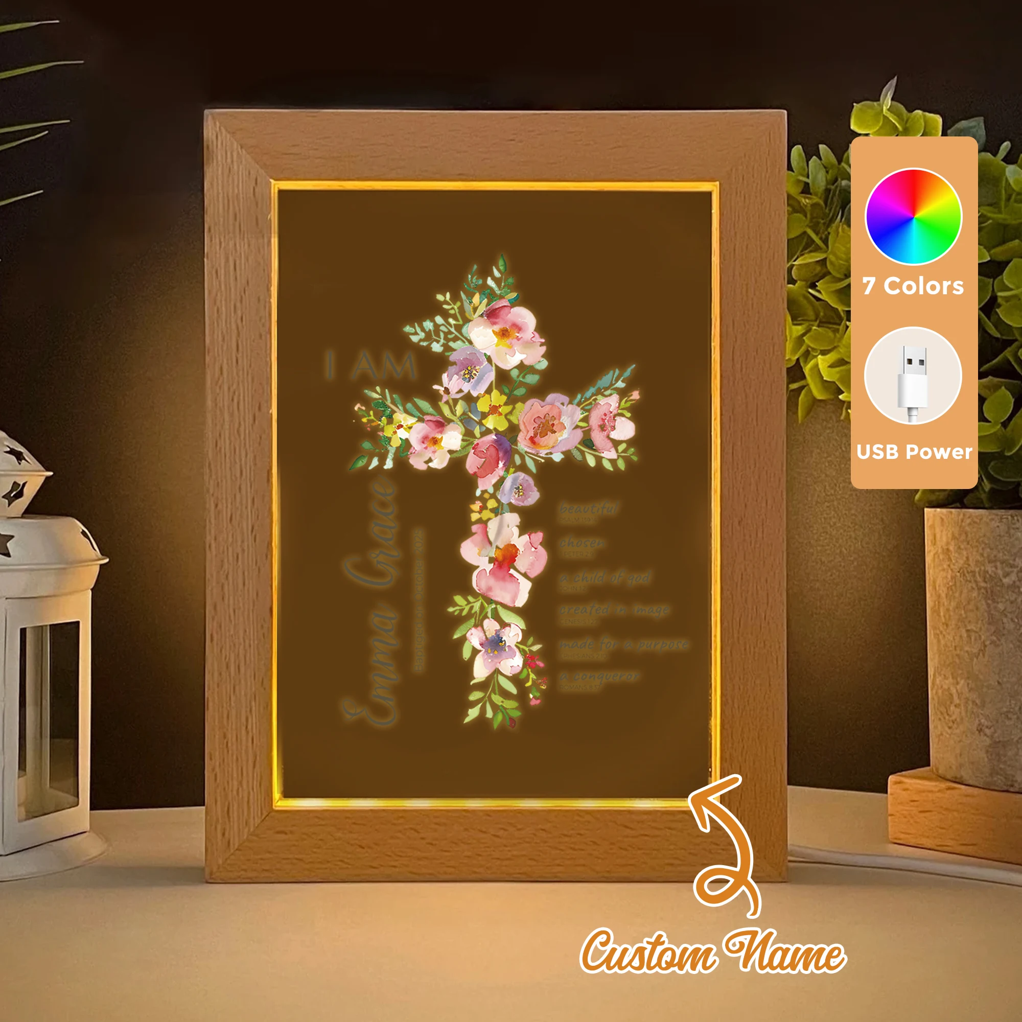 

2D Flat Custom Name Christian Baptism Cross LED Acrylic Night Light Wood Photo Frame 21x17cm Family Bedroom Gifts Home Decor