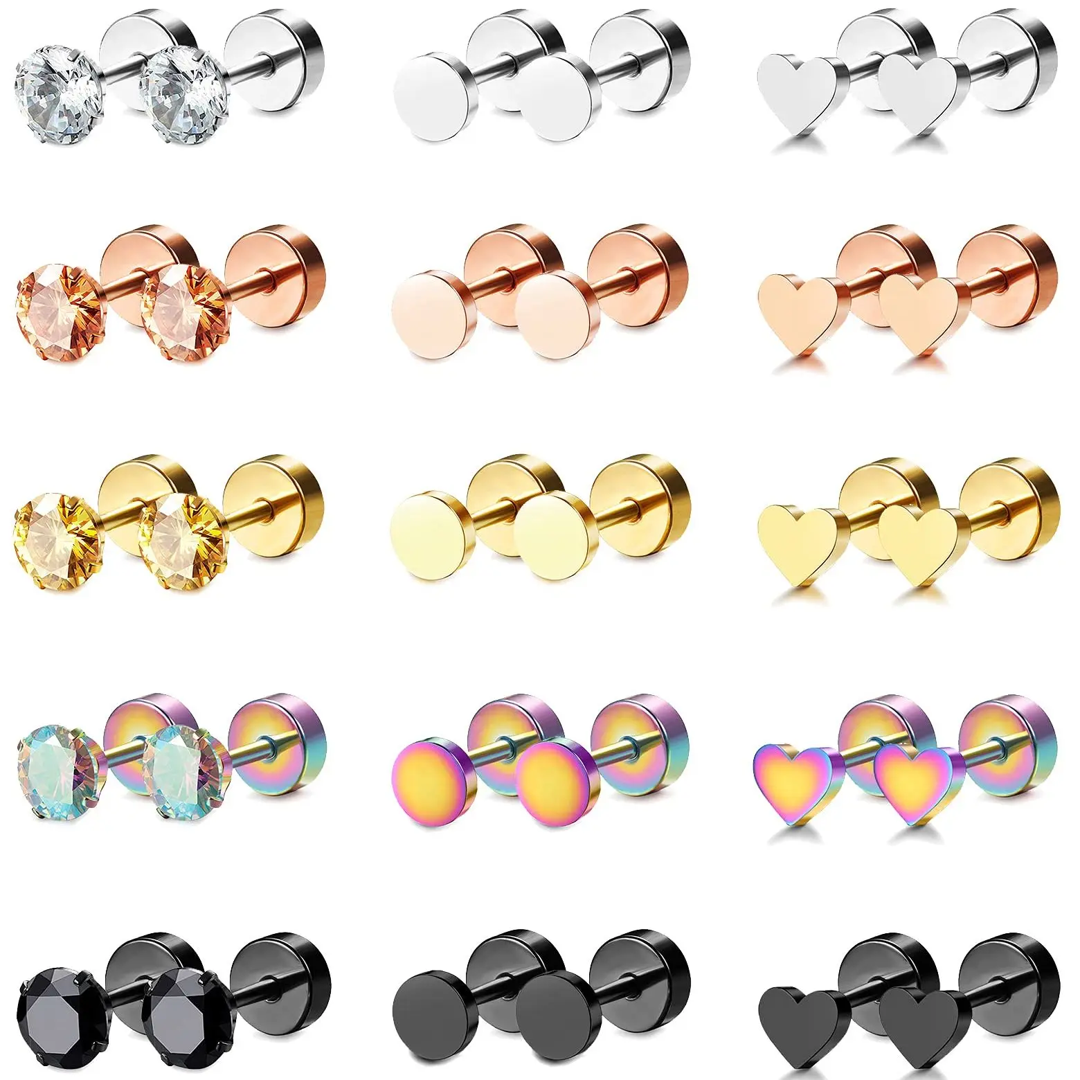 Pendientes de acero inoxidable para hombre y mujer, aretes de circonita con forma de corazón redondo, Piercing para cartílago Tragus, 2 piezas, 5 estilos