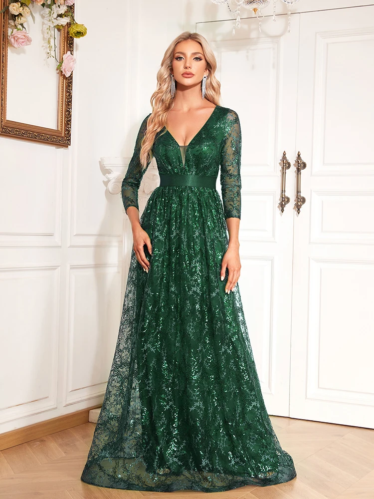 XUIBOL-Vestido floral sexy com decote em v feminino, manga comprida, vestido de coquetel com lantejoulas, vestido de baile, longo, elegante, verde, luxo, 2024