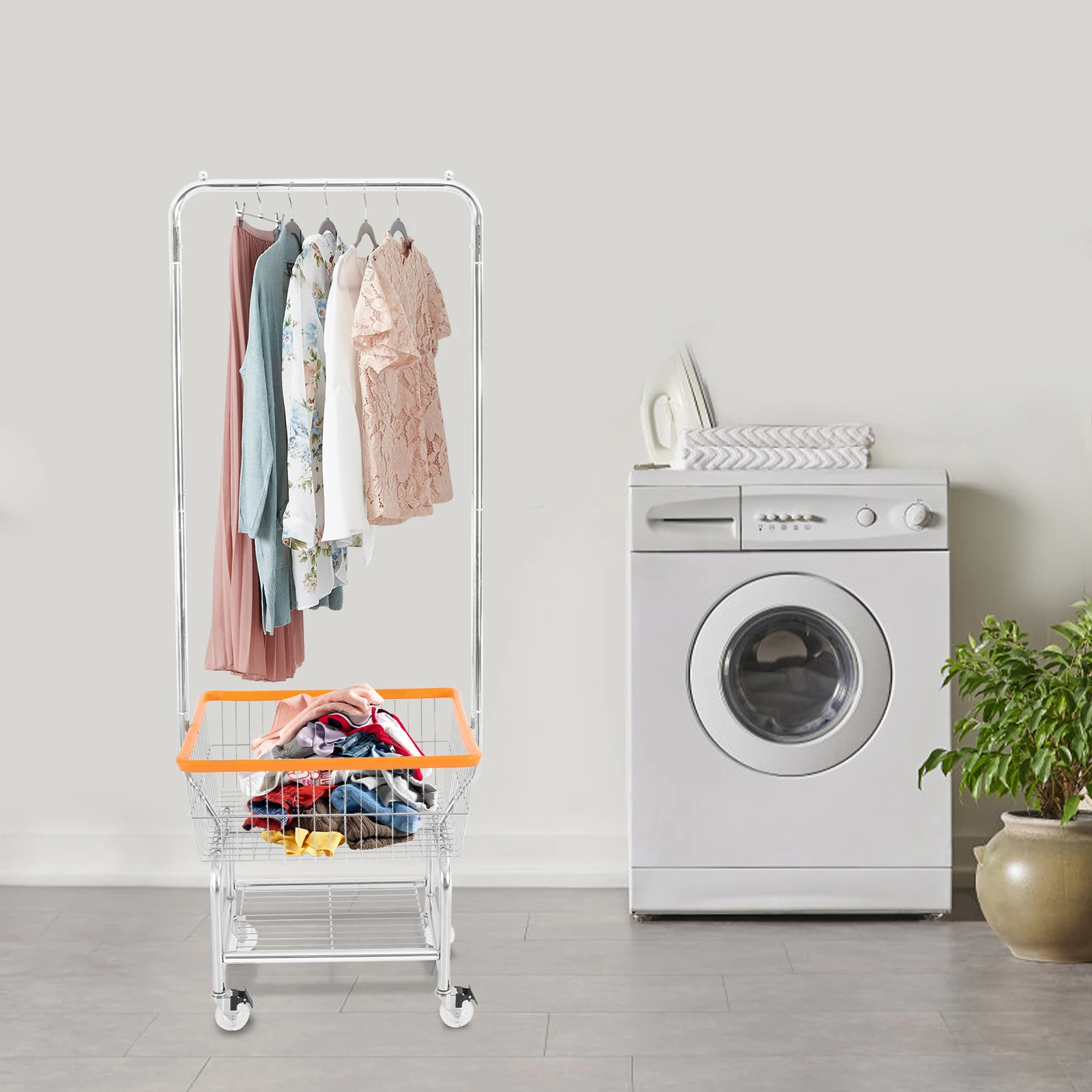 Large Capacity Clothes Cart, Rolling Laundry Cart, Laundry Cart with Hanging Rod