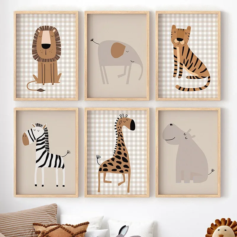 (No frame)Lion Tiger Elephant Giraffe Jungle Animal Nursery Wall Art Canvas Painting Posters And Prints Wall Pictures Baby Ki