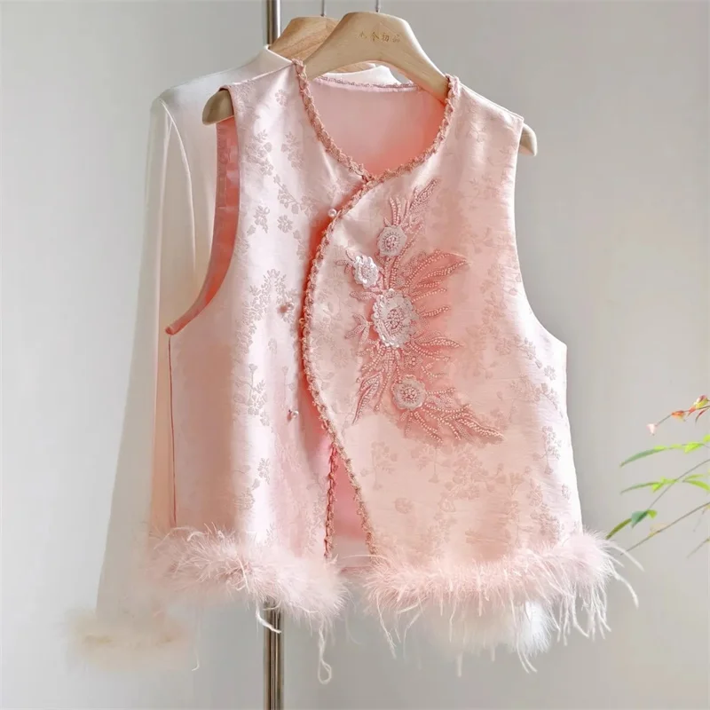 New Women's Vest Chinese Apricot Vest Women's new Spring and Autumn High-grade Temperament Sleeveless Vest with Coat and Jacket