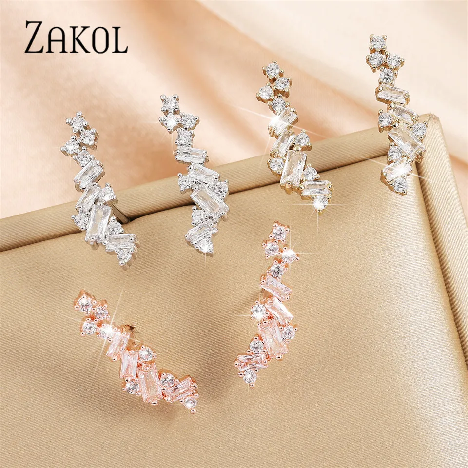 ZAKOL Simple Baguette Zirconia Crystal Stud Earrings for Women Shiny Geometry CZ Stone Bridal Wedding Jewelry EP2493