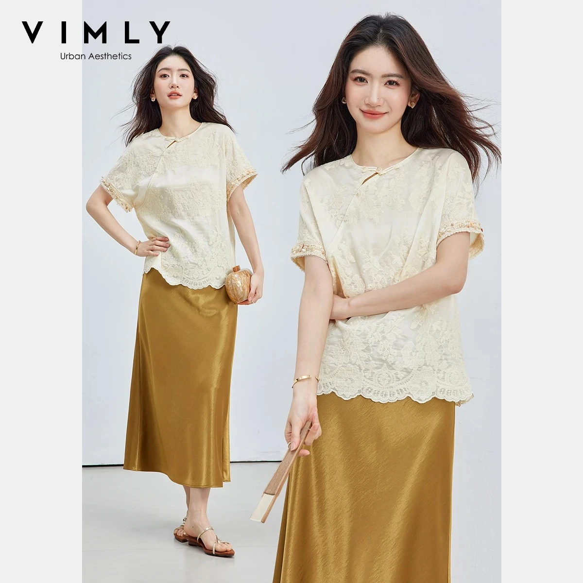 VIMLY Elegant Heavy 3D Embroidery Lace Top Women Asymmetric Frog Button Shell Trim Cuff Summer Casual Straight Blouse A5027