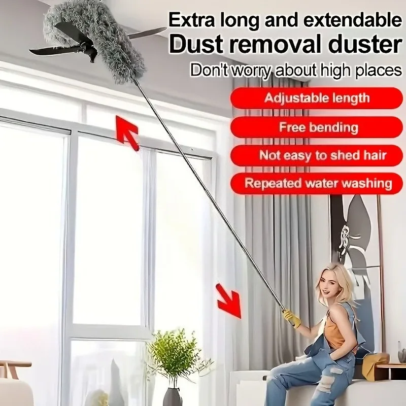 Extendable Microfiber Duster with Bendable Head, Telescopic Dusting Brush, Reusable and Washable Ceiling Fan Duster for High Cei