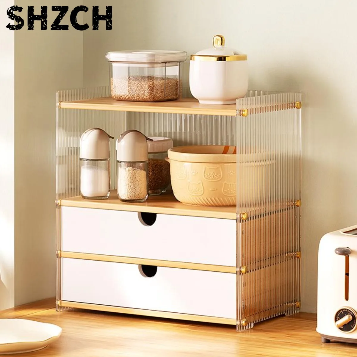 A Storage Cabinet with Two Multifunction Drawers, with An Acrylic Panel with A Groove, Suitable for Desks, Kitchens or Dressers.