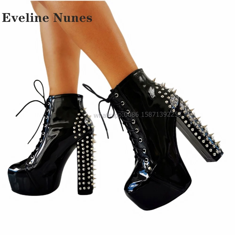 Rivet Decoration Platform Ankle Boots Round Toe Height Increasing Solid Cross Tied Patchwork Booty Sexy Punk Spicy Girl Shoes