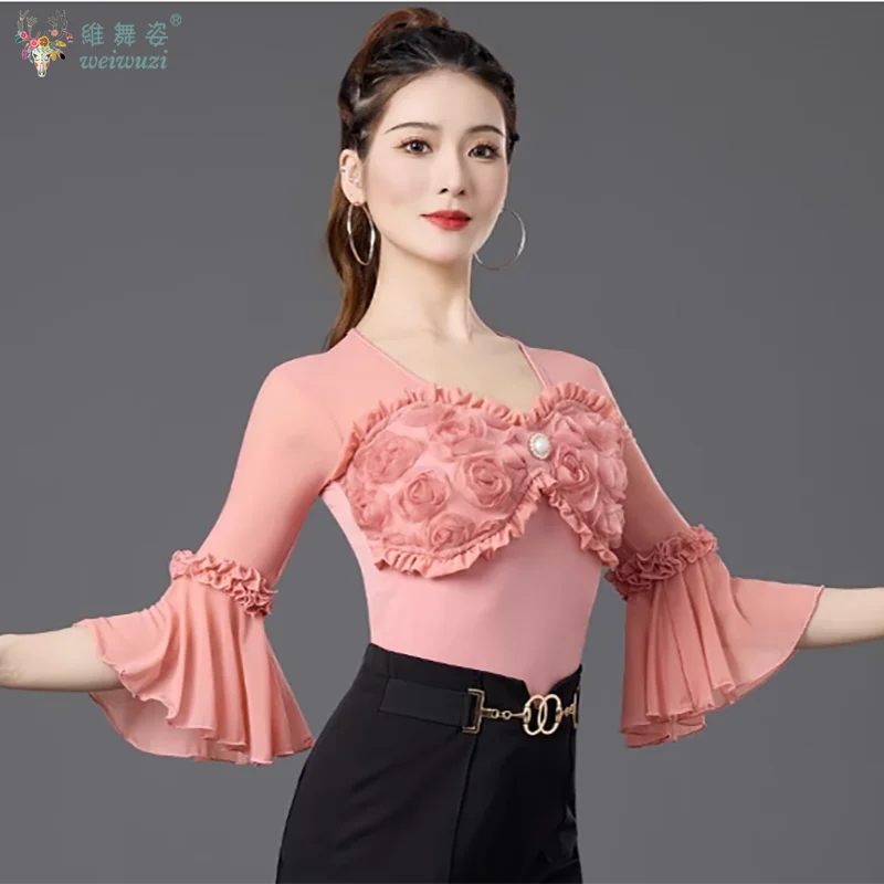 Latin Danskostuum Vrouwen Lange Mouwen Jumpsuit Top Ballroom Dans Cha Samba Rumba Competitie Kleding Praktijk Eendelige Slijtage