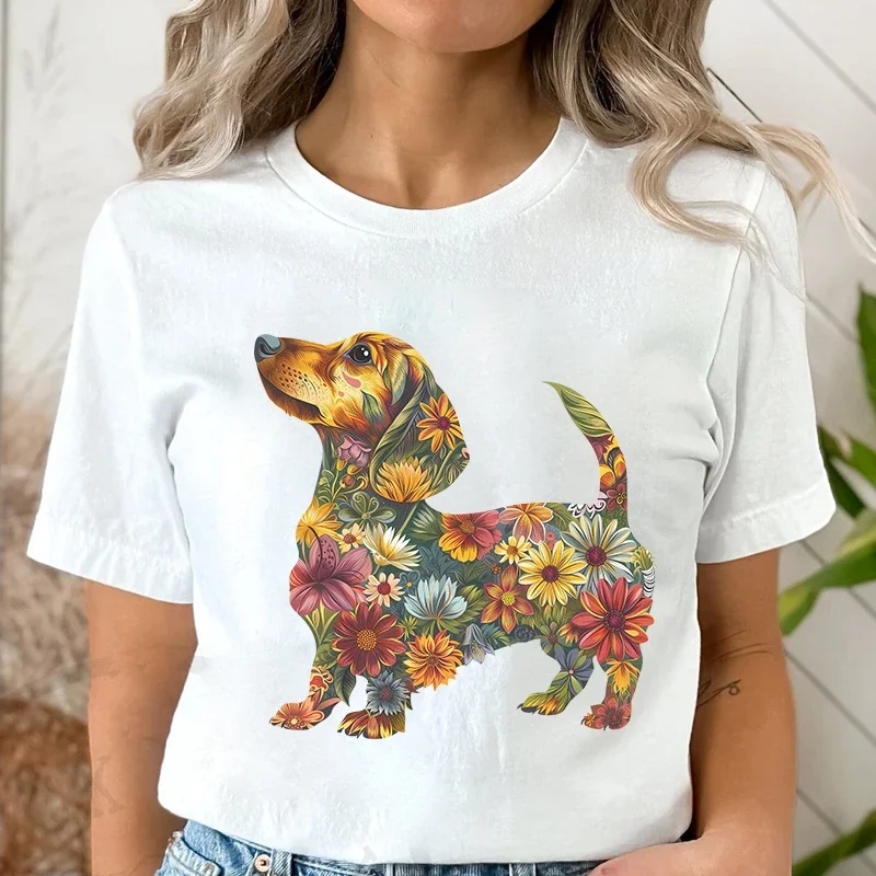 Floral Dachshund Shirt Women Harujuku Summer T-shirt Casual Female Tees for Lady Short Sleeve Y2k Tops Harajuku Female Clothing