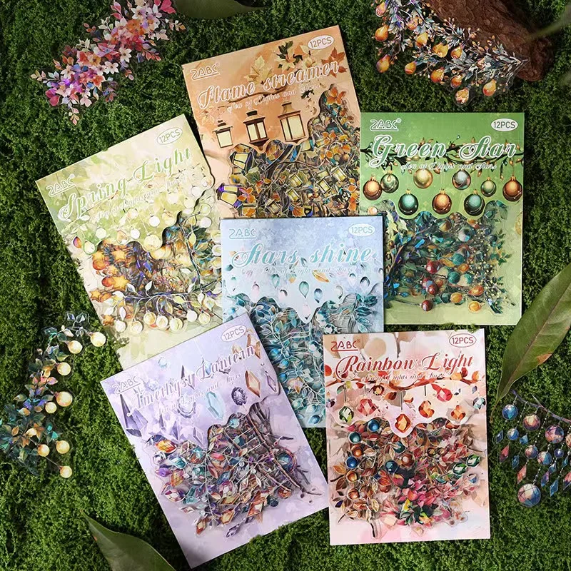 New12Pcs Shell Light Laser PET Stickers, Lamp & Star Theme Shell Foil Stickers, Scrapbooking Journal DIY Craft Decor, String Lig