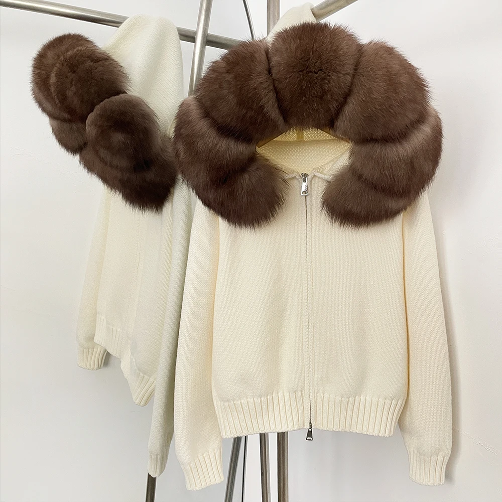 Womens Wool Blend Sweater Oversized Knit Natural Fox Fur Coat Women Real Fur Collar Knitwear Female Spring Autumn Hooded Knitted - view 6