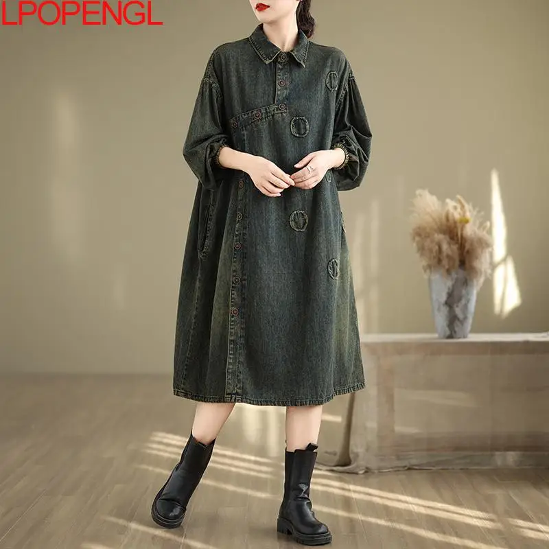 New Chinese Style Autumn Straight Denim Dress Women's Vintage Patch Embroidery Loose Distressed Turn-down Collar Mid-calf Dress