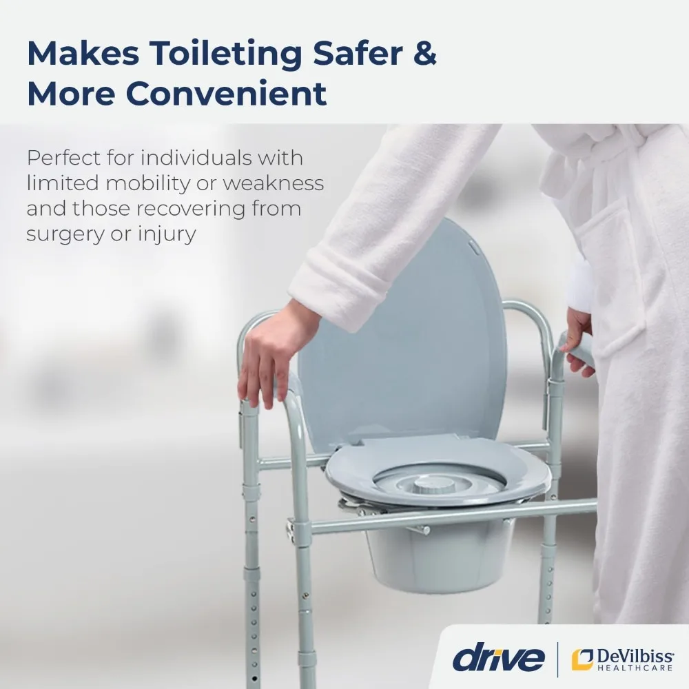 Folding Steel Bedside Commode Chair by Drive Medical, Portable Toilet with 350 lbs Capacity and 7.5 Qt. Bucket