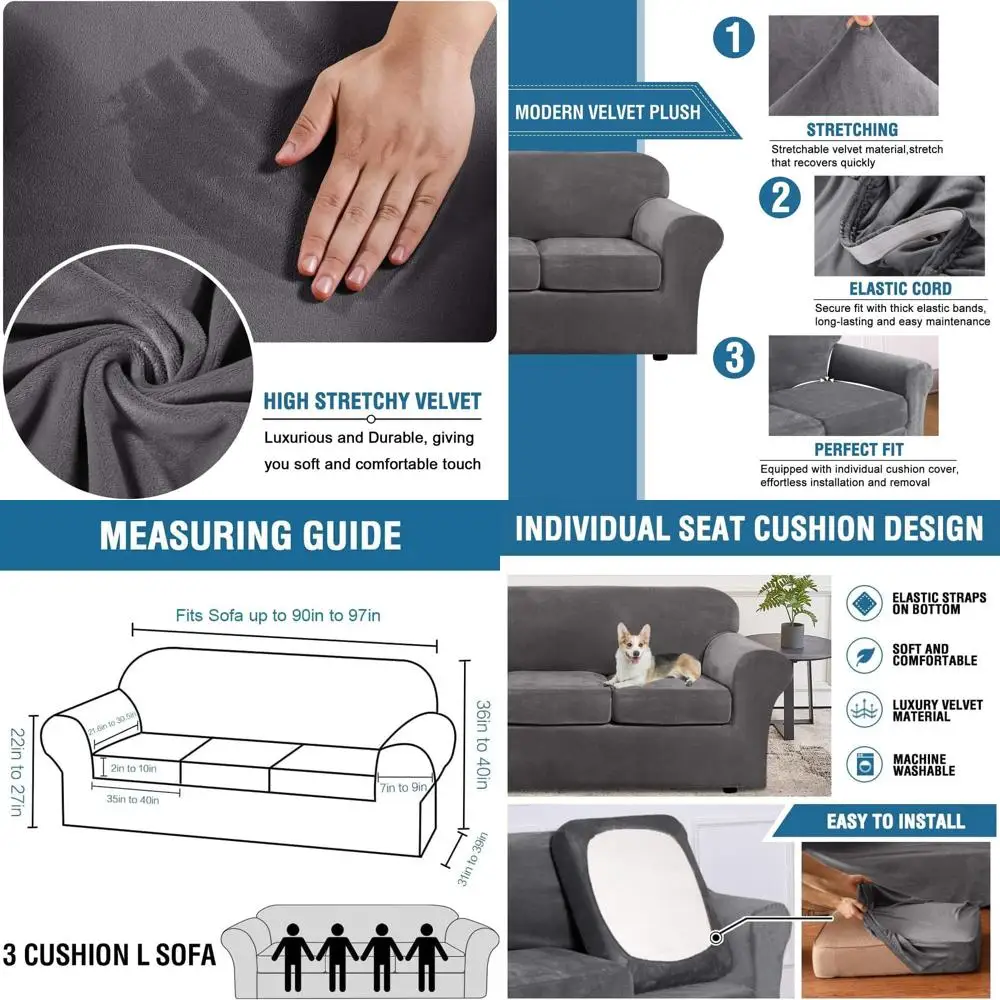 

Versatile Velvet Sofa Slipcover - 4-Piece Stretch Cover for Extra Large 3-Cushion Sofas up to 97 Wide, Grey