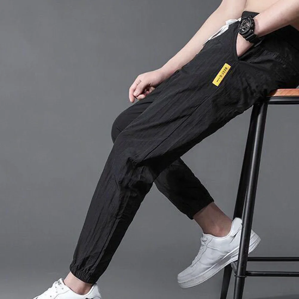 Summer Men's Casual Pants Thin Soft Elasticity Lace-up Waist Solid Color Pocket Applique Korea Loose Straight Sweat Trousers