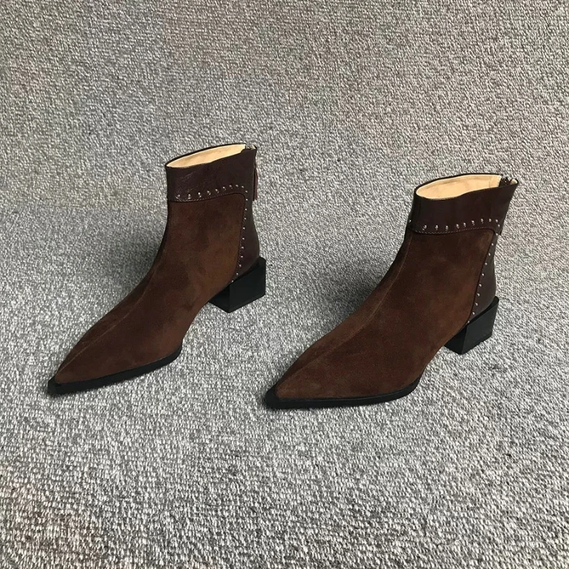 French Elegant Booties Female Winter Fashion Zipper Rivet Design Slim Elastic Pointed Cotton Lining Women's Fashion Boots