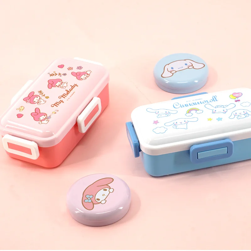 Caja Bento de personajes originales Sanrio Cinnamoroll My Melody, contenedor de almuerzo con cierre a presión de 4 lados de 525ml, almacenamiento de alimentos frescos Kawaii