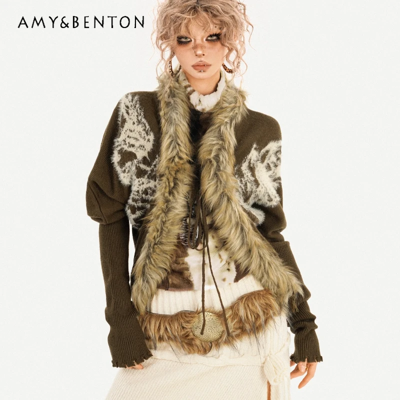 

Original Retro Design Batwing Sleeve Women's Sweater Coat Autumn Winter New Style Fur Collar Knitted Lace-up Cardigan Ladies