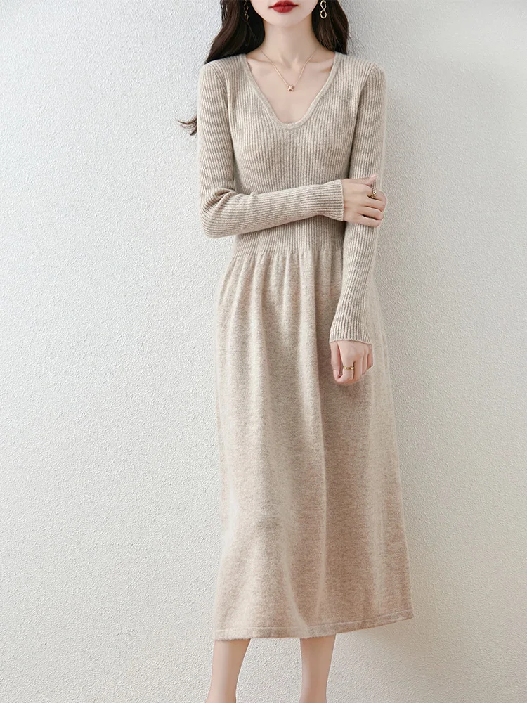 Women Wool Sweater Dress Autumn Winter V-Neck Slim Solid Soft Pullover 100% Merino Wool Knitwear Korean Popular Clothing Tops