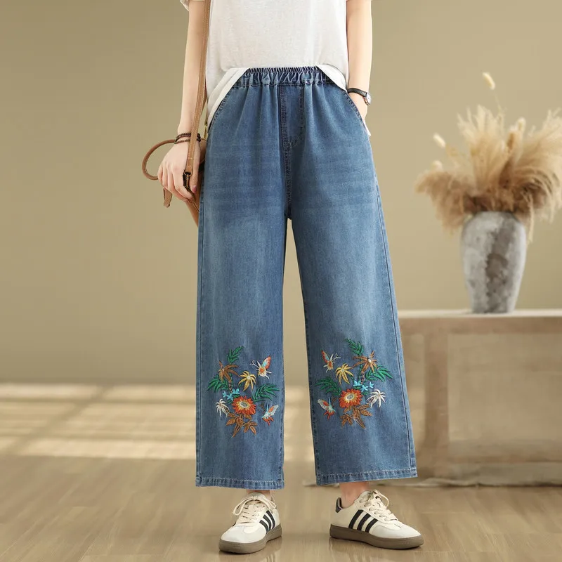 Japanese Vintage Mori Girl Cartoon Flower Embroidery Denim Straight Pant Women Spring Summer Elastic Waist Casual Wide Leg Jeans
