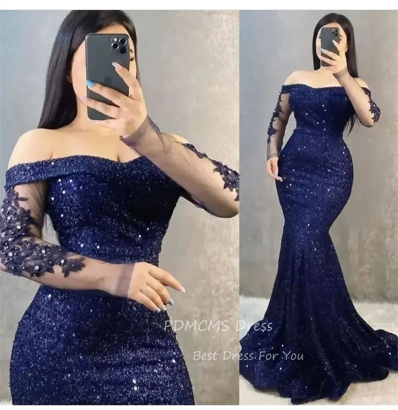 Sexy Sequin Mermaid Evening Dresses Customized Prom Dress Long Sleeves Women Plus Party Gowns Shiny Floor Length Robes De Soirée