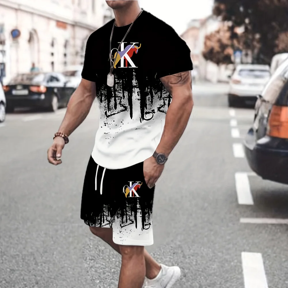 2025 novos shorts de manga curta masculinos de duas peças verão 3d los angeles praia pôr do sol impressão camiseta e shorts com cordão agasalho por