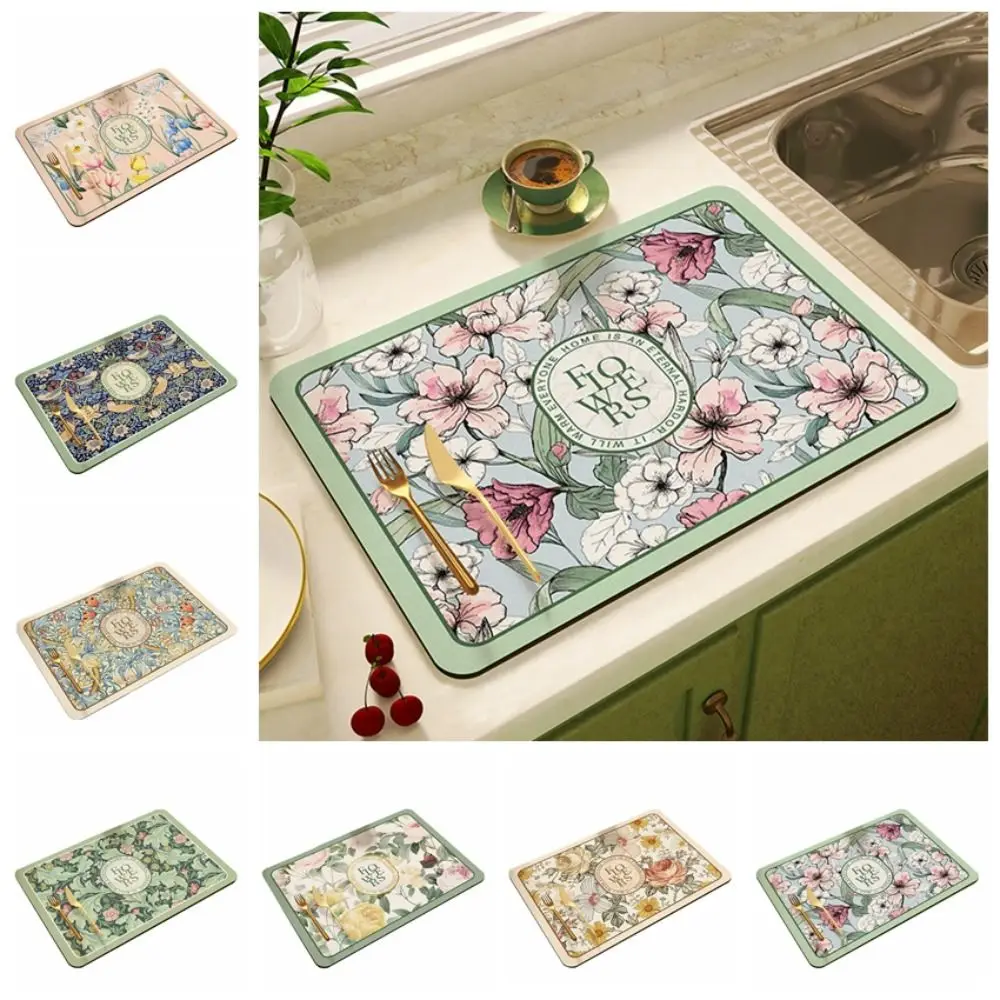 

Placemat Super Absorbent Dish Drying Mat Non-slip Quick Dry Draining Mat Flower Print Vintage Drain Pad Table Decor