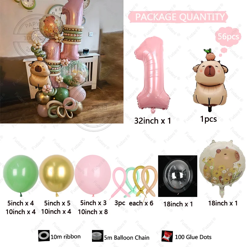 56pcs Capybara Kapibala Themed Balloon Arch Set Cartoon Animal Birthday Party Decor for Boys Girls Baby Shower Decor Globos